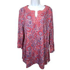 Talbots Large Womens Tunic Top Pink Colorful 3/4 Sleeve Cotton Modal Split VNeck